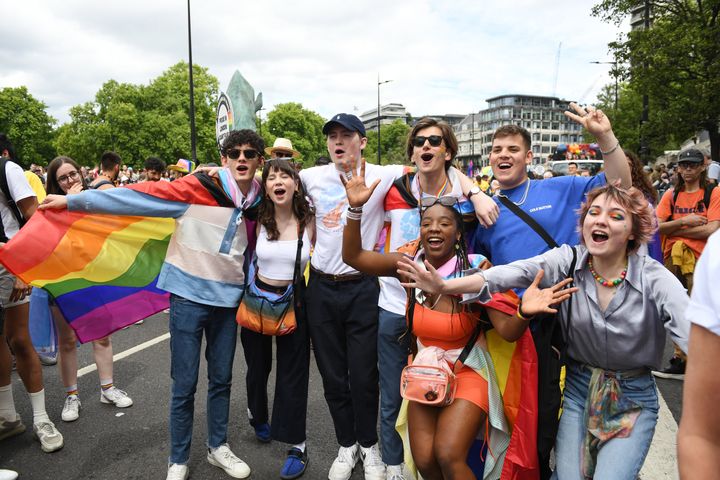 The cast of "Heartstopper" (from left) Joe Locke, Jenny Walser, Kit Connor, Sebastian Croft, Tobie Donovan, Corinna Brown and Kizzy Edgell attend Pride in London 2022.