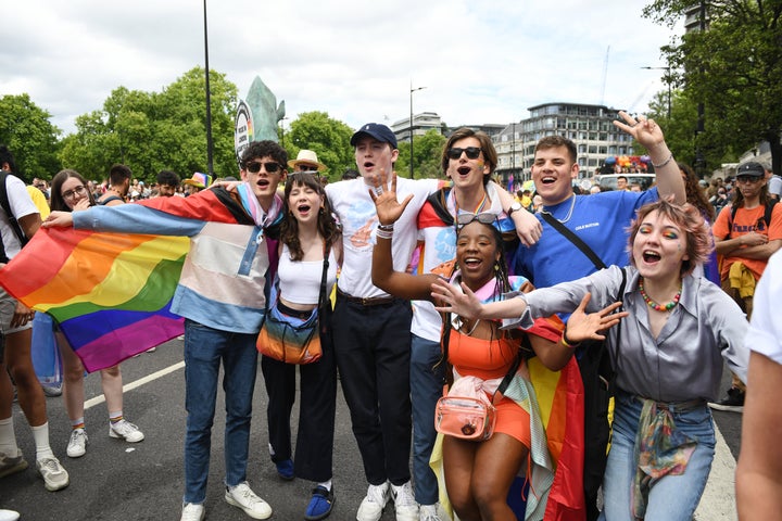 The cast of Heartstopper (L-R) Joe Locke, Jenny Walser, Kit Connor, Sebastian Croft, Tobie Donovan, Corinna Brown and Kizzy Edgell attend Pride in London 2022: The 50th Anniversary - Parade on July 02, 2022 in London