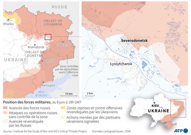Plan de situation dans les oblasts de Lougansk et Donestk en juin, avant la prise de Severodonetsk et Lyssytchansk.