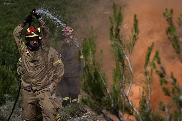 Άσκηση πεδίου, αντιμετώπισης δασικής πυρκαγιάς μεγάλης έκτασης, με την κωδική ονομασία "ΔΙΑ ΠΥΡΟΣ 2022", από την Πυροσβεστική Υπηρεσία στον Ασπρόπυργο Αττικής, Τρίτη 24 Μαΐου 2022. Η άσκηση, που διοργανώθηκε από την Περιφερειακή Πυροσβεστική Διοίκηση Αττικής και τους Δήμους Ασπροπύργου, Ελευσίνας και Μεγάρων, πραγματοποιήθηκε παρουσία του υπουργού Κλιματικής Κρίσης και Πολιτικής Προστασίας, Χρήστου Στυλιανίδη, του υφυπουργού Ευάγγελου Τουρνά, του Γενικού Γραμματέα Πολιτικής Προστασίας Βασίλη Παπαγεωργίου και του Αρχηγού Π.Σ. Αντιστράτηγου Αλέξιου Ράπανου. (ΜΙΧΑΛΗΣ ΚΑΡΑΓΙΑΝΝΗΣ/EUROKINISSI)