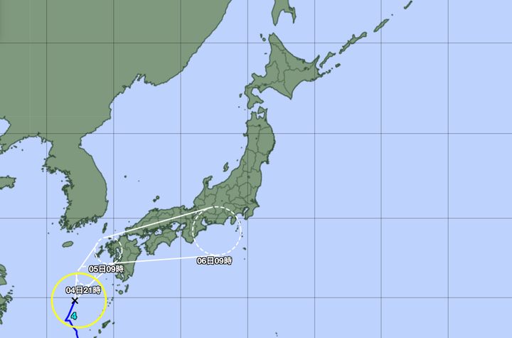 台風4号の予想進路図（7月4日9時時点）