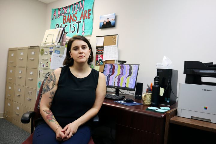 Katie Quiñonez, executive director of the Women's Health Center of West Virginia, sits in her office at the clinic in Charleston, W.Va, on June 29, 2022.