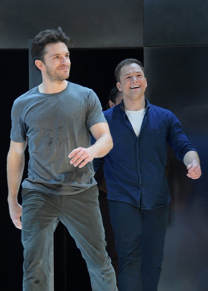 Jonathan Bailey and Taron Egerton take their bows during Cock's press night