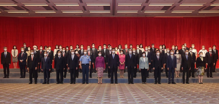 Chinese President Xi Jinping meets with senior figures of the Hong Kong Special Administrative Region's executive, legislative and judicial bodies in Hong Kong, on June 30, 2022.