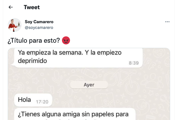 El tuit de @soycamarero con la captura de WhatsApp.