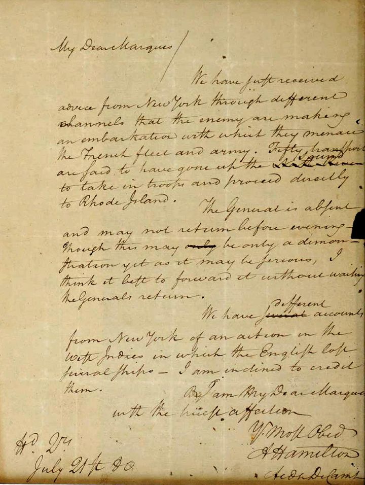 This image filed May 15, 2019, in federal court as part of a forfeiture complaint by the U.S. attorney's office in Boston, shows a 1780 letter from Alexander Hamilton to the Marquis de Lafayette, that was stolen from the Massachusetts Archives decades ago. The letter, which was returned to the state, will be put on public display at the Commonwealth Museum on July 4, 2022 for the first time since it was returned after a lengthy court battle.