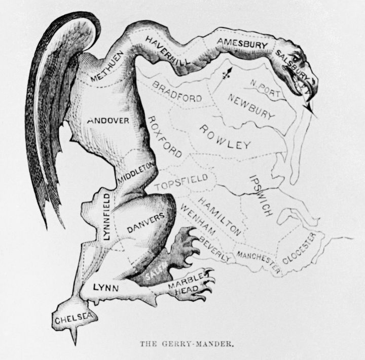 The term "gerrymander" stems from this Gilbert Stuart cartoon of a Massachusetts electoral district twisted beyond all reason. Stuart thought the shape of the district resembled a salamander, but his friend who showed him the original map called it a "Gerry-mander" after Massachusetts Governor Elbridge Gerry, who approved rearranging district lines for political advantage.