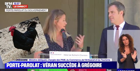 Les conseils d'Olivia Grégoire à Véran sur Doudou le coq lors de sa passation de pouvoir