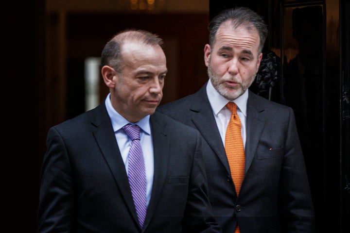 Chris Pincher (right) leaving Number 10 with chief whip Chris Heaton-Harris before his resignation from government.