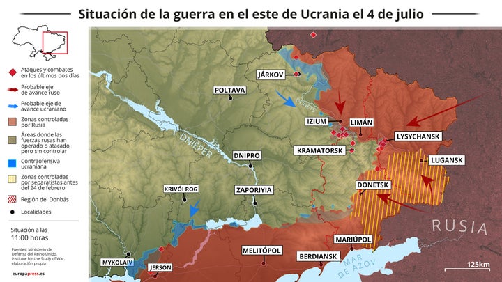 Gráfico con los últimos ataques y movimientos bélicos en el este de Ucrania, a fecha de 4 de julio.