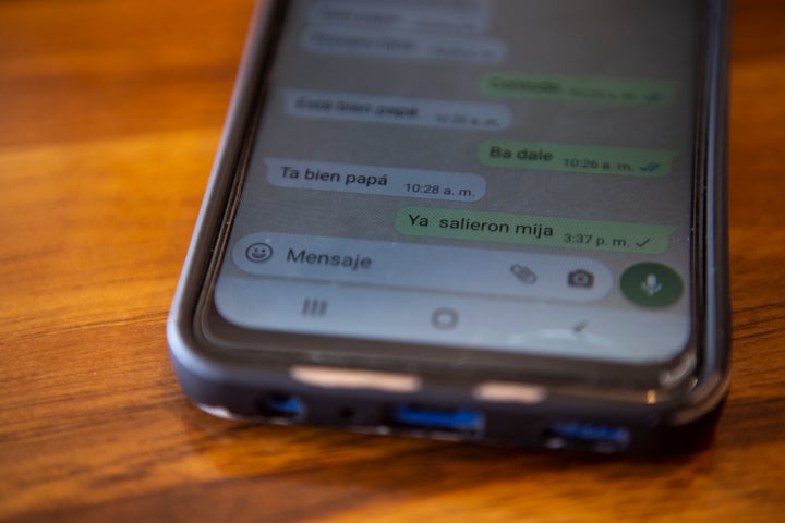 An unanswered message where a question is read "have you left Mija?" is seen on the cell phone of Yenifer Yulisa Cardona Tomás' father, Mynor Cardona, during an interview in Guatemala City, on July 4, 2022.