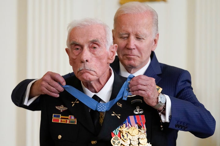 President Joe Biden awards the Medal of Honor to retired Maj. John Duffy for his actions during the Vietnam War.