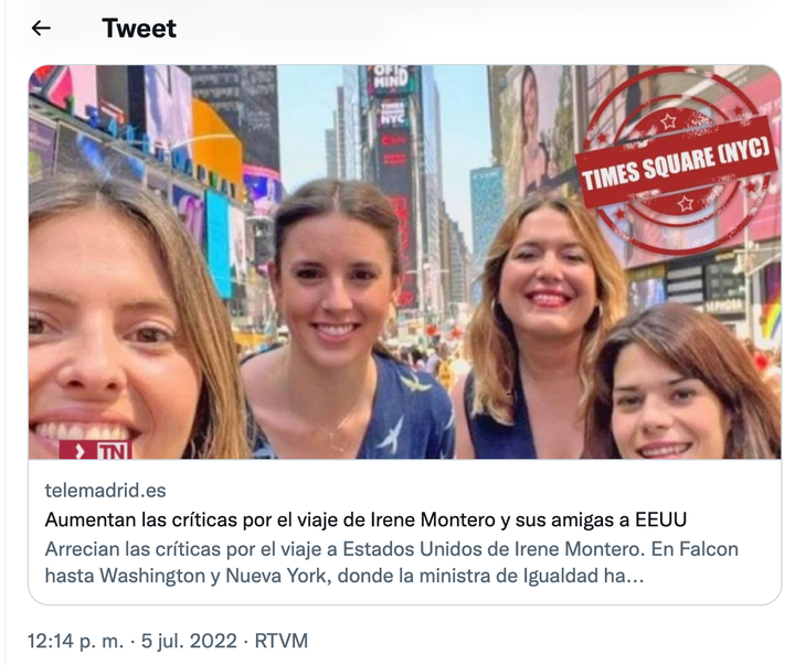 Tuit de Telemadrid sobre Irene Montero.