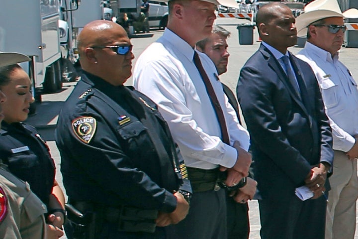 School District Police Chief Pete Arredondo (second from left) at a news conference at Robb Elementary School in Uvalde, Texas, on May 26, two days after a gunman killed 19 students and two teachers.