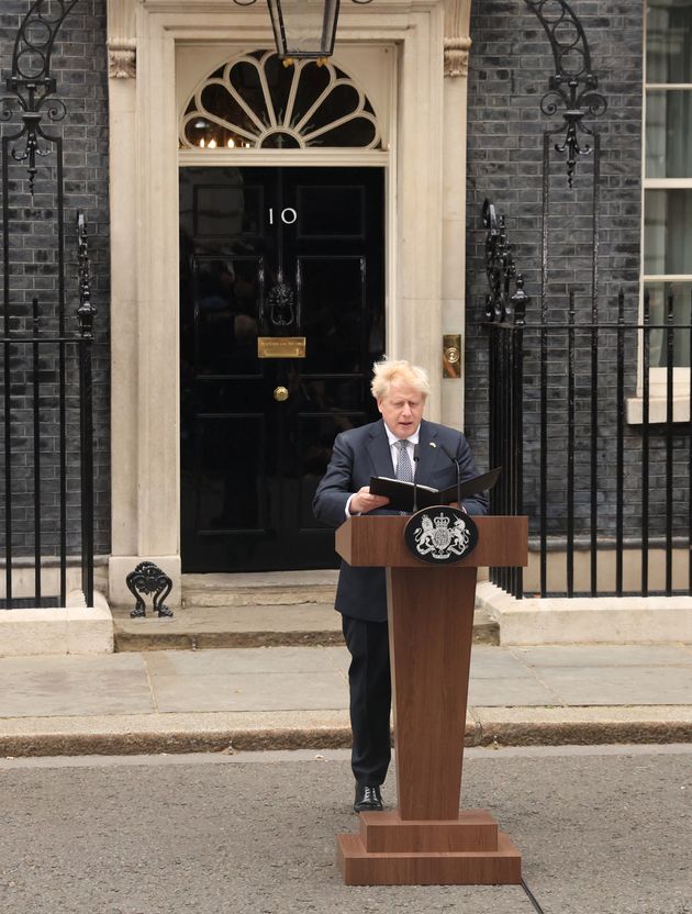 British Prime Minister Boris Johnson makes a statement at Downing Street in London, Britain, July 7, 2022. REUTERS/Phil Noble