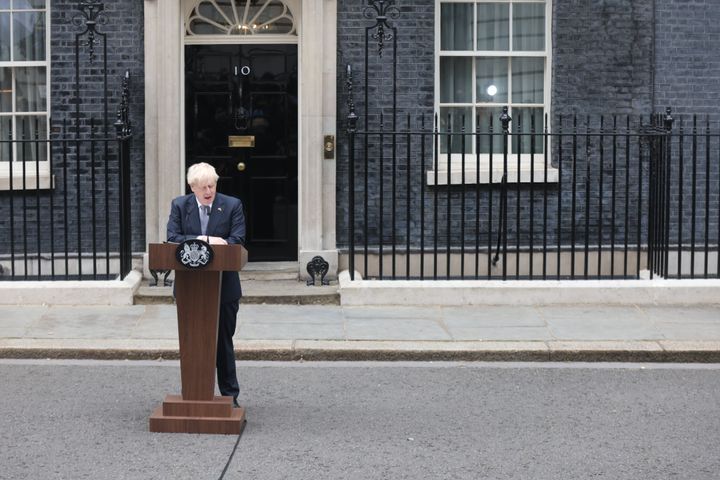 Prime Minister Boris Johnson delivering his resignation statement outside 10 Downing Street.