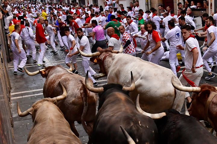 People run through the streets with fighting bulls and steers during the first day of the running of the bulls at the San Fermin Festival in Pamplona, northern Spain, on July 7, 2022.