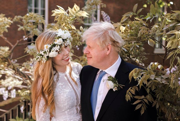 Boris Johnson and Carrie Johnson in the garden of 10 Downing Street after their wedding in May last year.