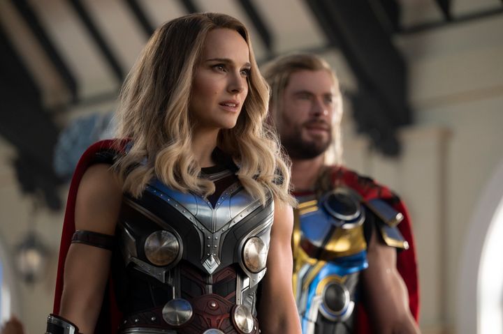 Natalie Portman and Chris Hemsworth in a scene from "Thor: Love and Thunder."
