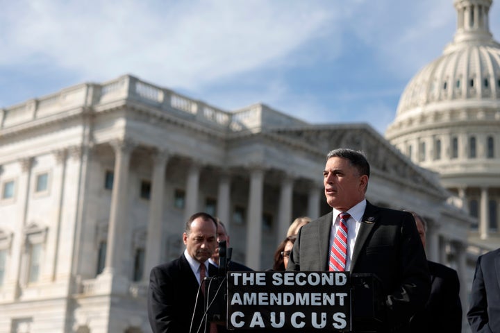 Rep. Andrew Clyde (R-Ga.) speaks at a March 8 news conference alongside members of the Second Amendment Caucus at the U.S. Capitol. When Clyde introduced the excise tax repeal bill, he characterized the tax as a leftist assault on Second Amendment rights.