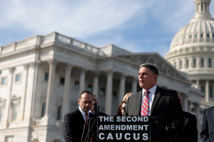 Rep. Andrew Clyde (R-Ga.) speaks at a March 8 news conference alongside members of the Second Amendment Caucus at the U.S. Capitol.