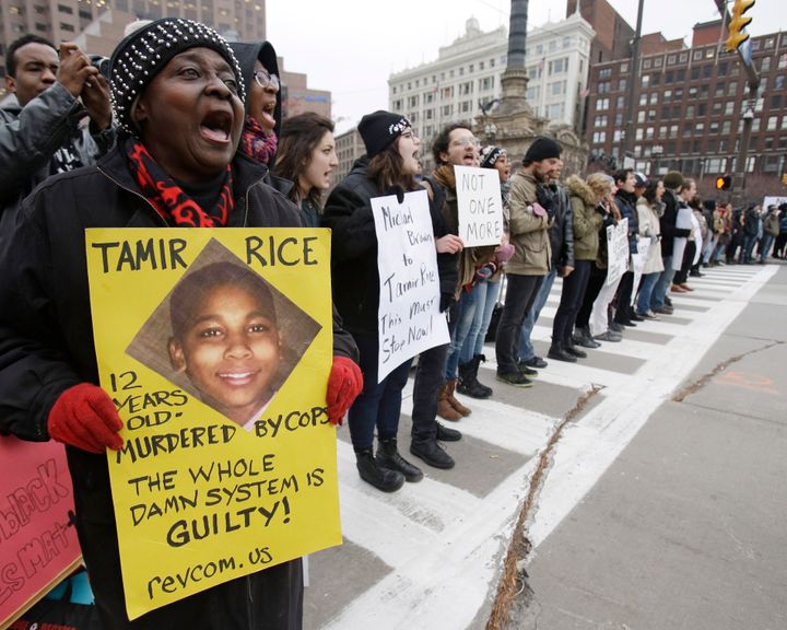 In this 2014 file photo, demonstrators protest over the police shooting of 12-year-old Tamir Rice.