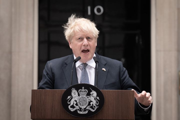Prime minister Boris Johnson reads a statement outside 10 Downing Street, London, formally resigning as Conservative Party leader.