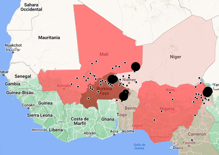 Gráfico elaborado por Marta Summers para la OIET con los ataques yihadistas en mayo de 2022 en la zona occidental del Sahel.