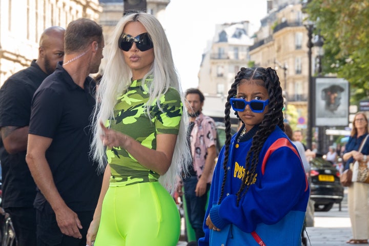 Kim Kardashian and North West are seen during the Paris Fashion Week on July 5 in Paris, France.