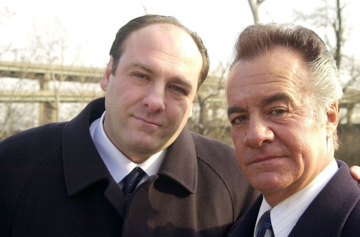Actors James Gandolfini (left) and Tony Sirico get together at a Jersey City cemetery to shoot a scene for the TV series "The Sopranos." 