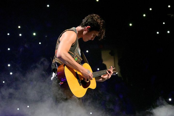 Shawn Mendes performing on tour last month