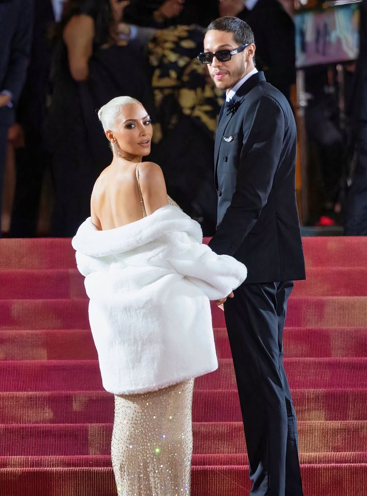 Kim Kardashian and boyfriend Pete Davidson pose for photographers on the Met Ball red carpet
