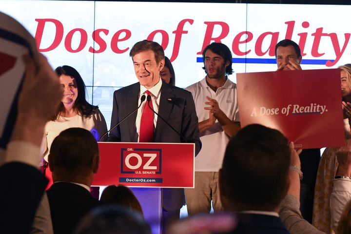 Republican U.S. Senate candidate Mehmet Oz greets supporters after the primary race resulted in an automatic re-count due to close results on May 17, 2022 in Newtown, Pennsylvania.