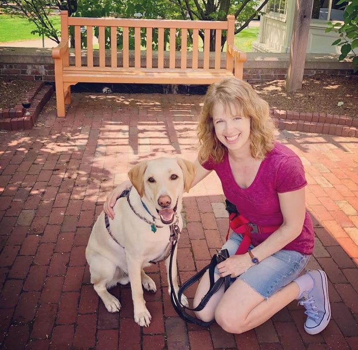 The author with her rescue dog, Beau, in May 2022 at Harvard University, where the author teaches in the Harvard College Writing Program.