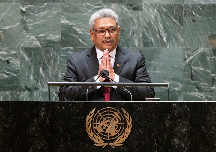 Sri Lanka's President Gotabaya Rajapaksa addresses the United Nations General Assembly on September 22, 2021 in New York City.