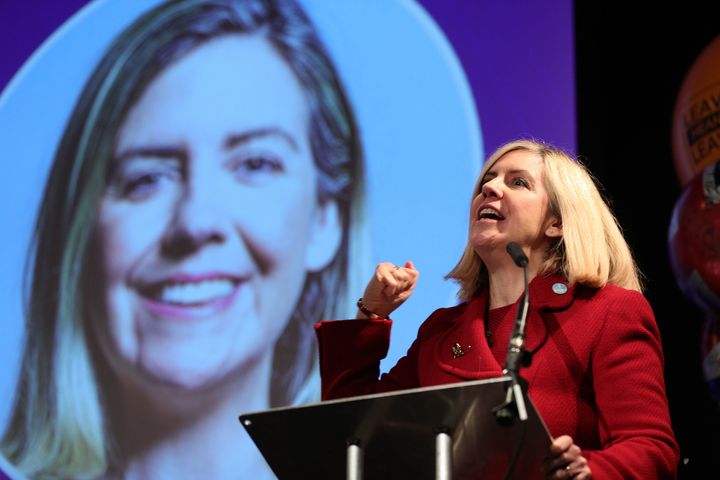 Andrea Jenkyns speaking at a Leave Means Leave rally in Birmingham.