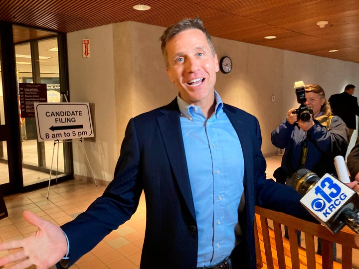 Former Missouri Gov. Eric Greitens gestures while speaking to reporters in Jefferson City Feb. 22, 2022. (AP Photo/David A. Lieb File)