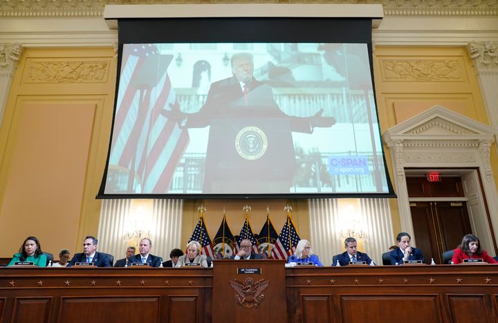 A video of former President Donald Trump speaking during a rally near the White House on Jan. 6, 2021, is shown as committee members look on during a public hearing of the House select committee investigating the attack on Capitol Hill, Thursday, June 9, 2022, in Washington. (AP Photo/Andrew Harnik, File)