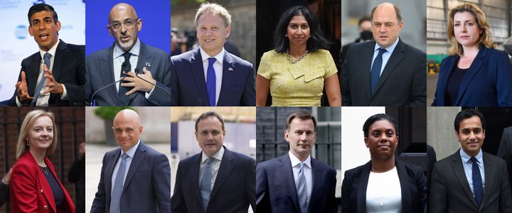 Candidates in the Conservative Party leadership race. Top: former chancellor Rishi Sunak, newly appointed chancellor Nadhim Zahawi, transport secretary Grant Shapps, attorney general Suella Braverman, defence secretary Ben Wallace (who has now said he is not standing), and Penny Mordaunt, Bottom: foreign secretary Liz Truss, former health secretary Sajid Javid, Tom Tugendhat, Jeremy Hunt, Kemi Badenoch and Rehman Chishti.