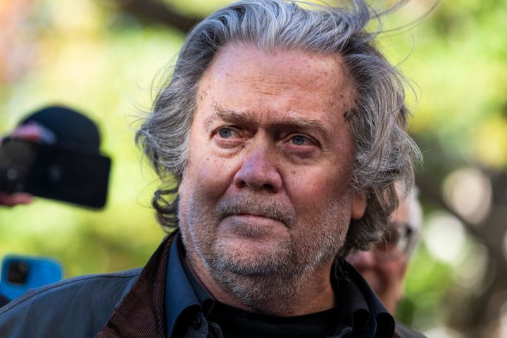 Steve Bannon, former advisor to President Donald Trump, addresses the media after an appearance at the E. Barrett Prettyman Federal Courthouse on contempt of Congress charges for failing to comply with a subpoena from the Committee investigating the January 6th riot, on Monday, November 15, 2021.