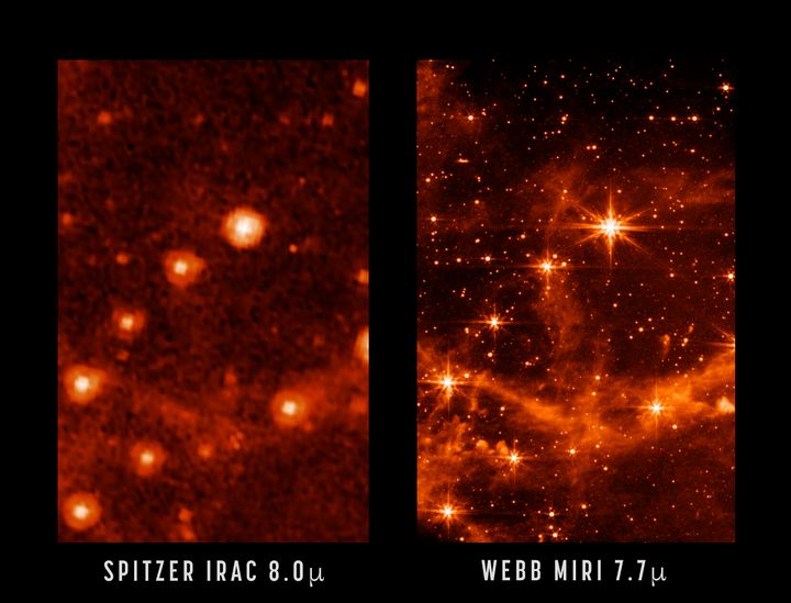 La vía Láctea vista por el telescopio Spitzer, ya retirado, y por el James Webb en mayo de 2022.