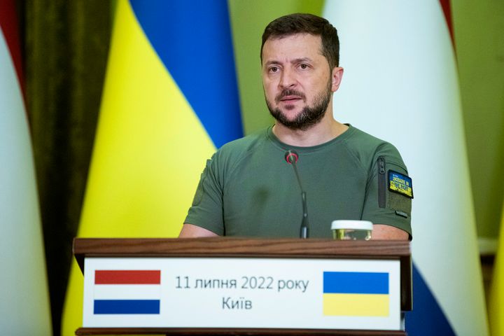 President of Ukraine Volodymyr Zelenskyy speaks during a joint press conference with Prime Minister of the Netherlands Mark Rutte following their meeting in Kyiv, Ukraine, on July 11, 2022. 