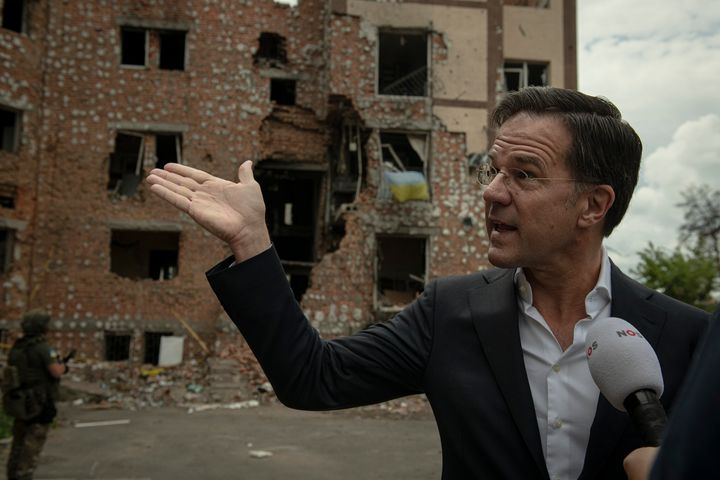 Prime Minister of the Netherlands Mark Rutte speaks to the press, during his visit to Irpin, on the outskirts of Kyiv, Ukraine, on July 11, 2022.