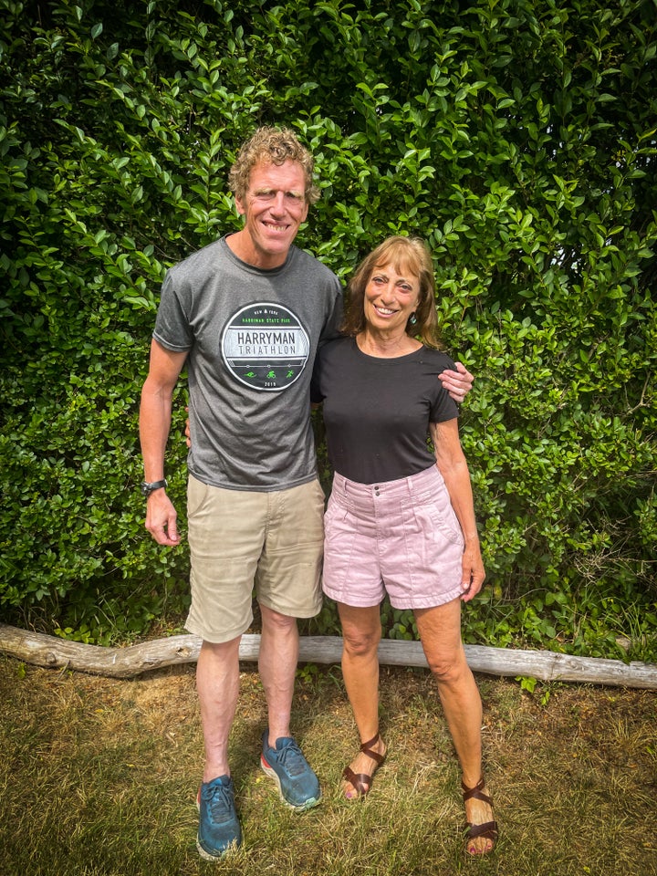 The author and Mark in clothes — "what a concept!" she jokes.