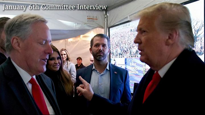 This exhibit from video released by the House Jan. 6 committee shows a photo of former President Donald Trump talking to his chief of staff Mark Meadows before Trump spoke at the rally on the Ellipse on Jan. 6, 2021.