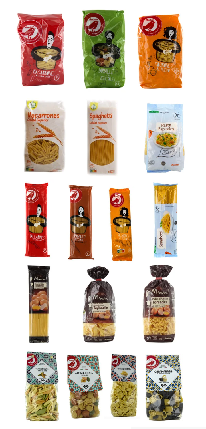 Varias pastas del catálogo de Alcampo.