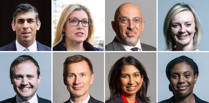 Eight candidates in the Conservative Party leadership race, (top row left to right), Rishi Sunak, Penny Mordaunt, Nadhim Zahawi, and Liz Truss, (bottom row left to right) Tom Tugendhat, Jeremy Hunt, Suella Braverman and Kemi Badenoch.