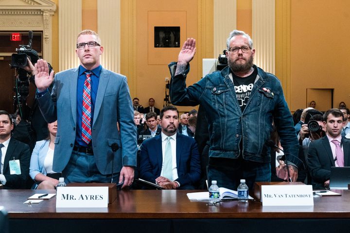 Stephen Ayres (left), who entered the U.S. Capitol illegally on Jan. 6, 2021, and Jason Van Tatenhove, a former spokesperson for the Oath Keepers and close aide to Oath Keepers founder Stewart Rhodes, are sworn before Tuesday's hearing of the House select committee investigating the U.S. Capitol riot.