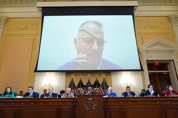 A video of Stewart Rhodes, head of the Oath Keepers, speaking during an interview with the Jan. 6 committee is shown at the hearing Tuesday.