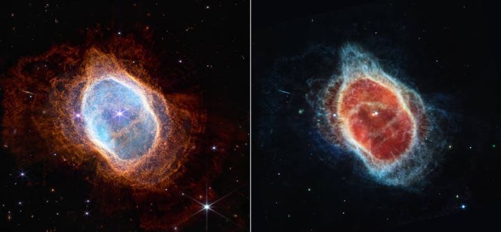 左は近赤外線、右は中赤外線に包まれた「南のリング星雲」を捉えている